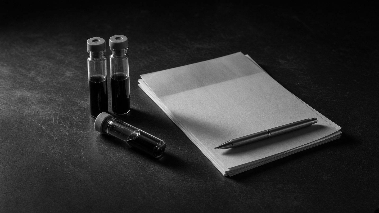 Black-and-white still life of laboratory vials and a report on a dark desk.